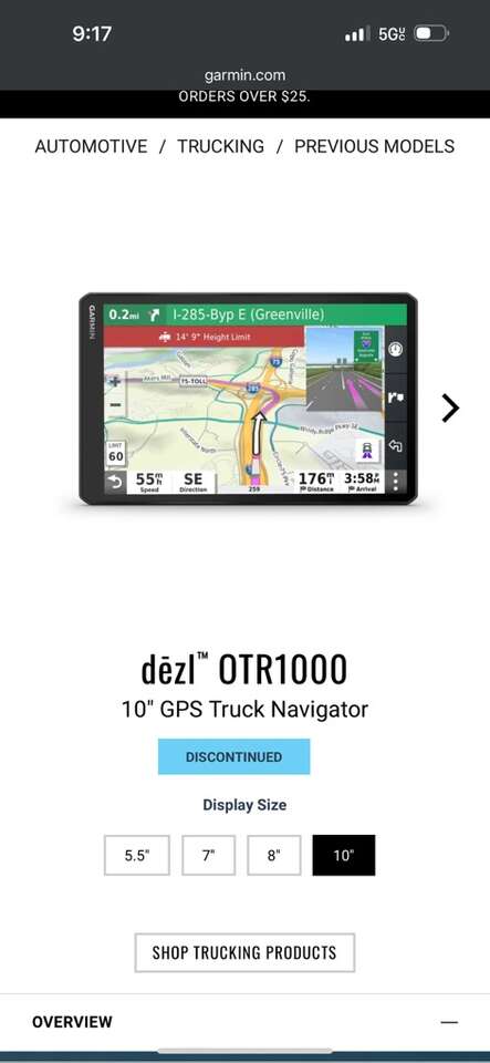 Garmin 10 GPS Truck Navigator DĒZL OTR1000