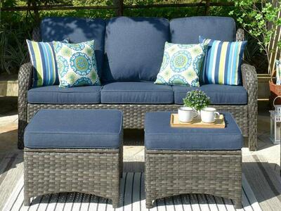 All Weather Wicker High Back Couch with two Ottoman, Denim Blue Color (HM)