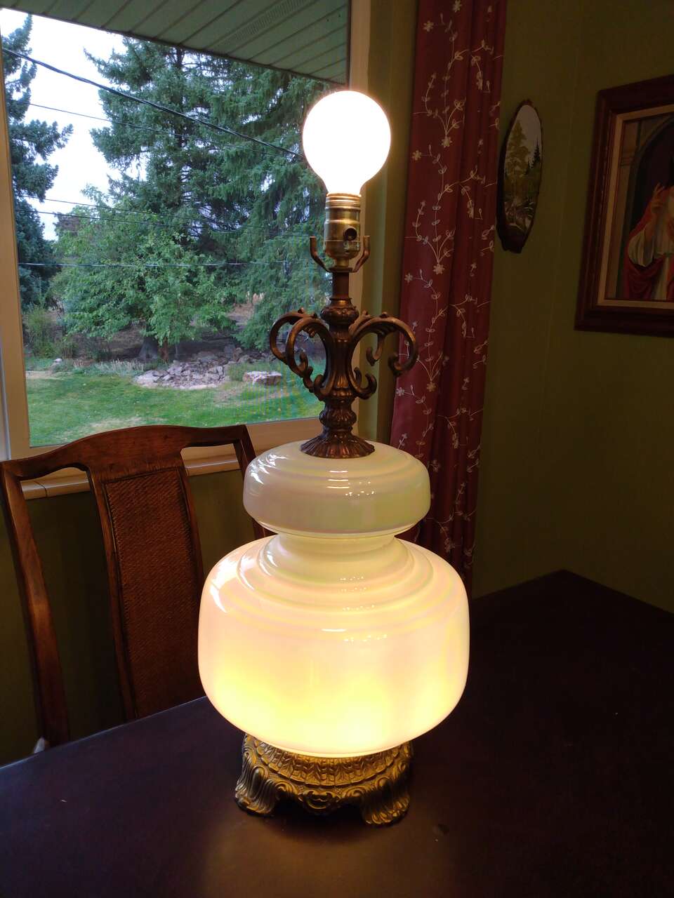 Vintage 1972 White Iridescent Glass Lamp. MCM