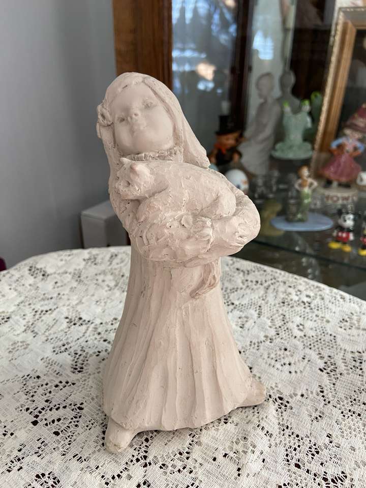1987 Bright Eyes Statue by Austin of Girl Holding a Cat