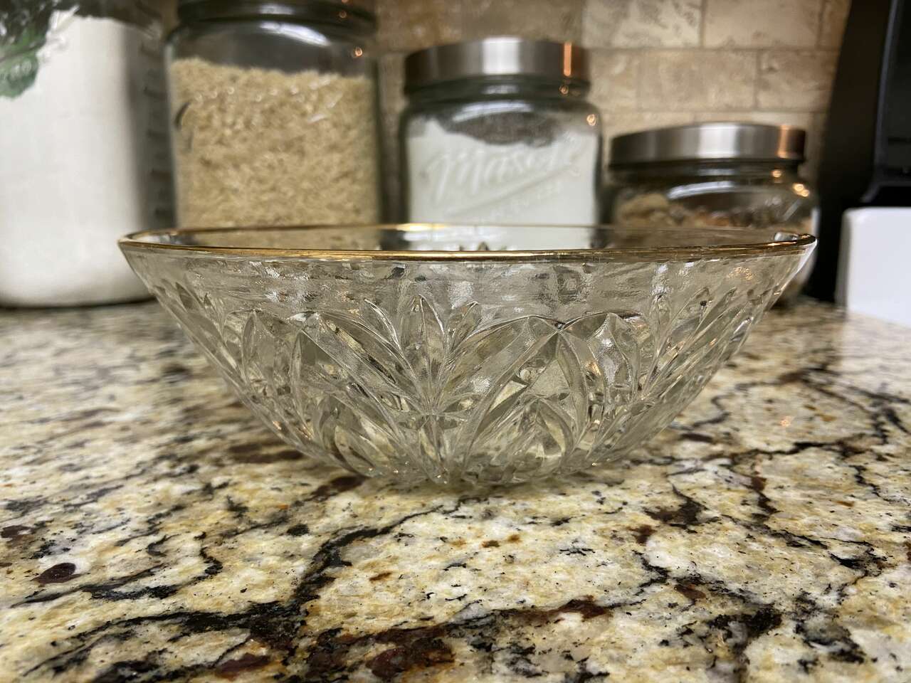 Vintage 1960's Pressed Glass Serving Bowl w/ gold trim.