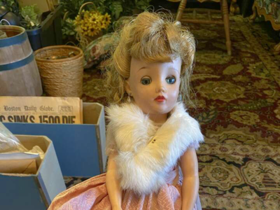 Vintage 1958 Miss REVLON by IDEAL in Rose Taffeta Party Dress with Fur Wrap