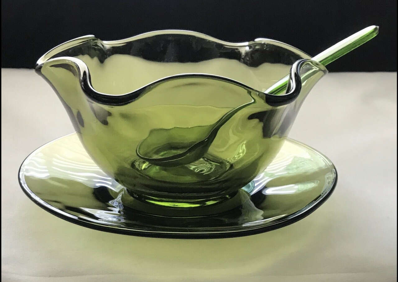 Vintage 1970's Olive 3-Piece Condiment Set, by Indiana Glass