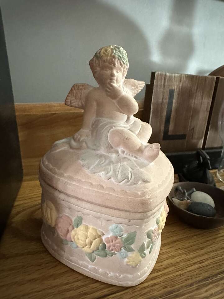 Vintage Heart Shaped Terra Cotta “Cherub” Trinket Box