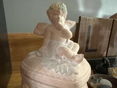 Vintage Heart Shaped Terra Cotta “Cherub” Trinket Box
