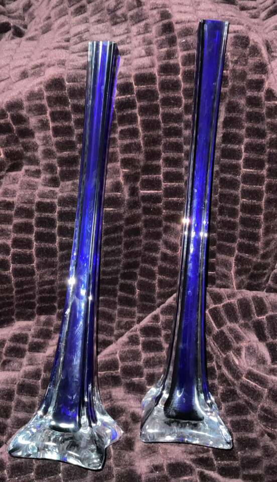 2- MCM Handblown Clear Glass With Cobalt Blue Vase