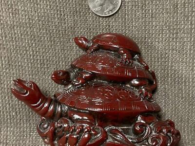 3 Stacked Red Resin Turtles Asian Art