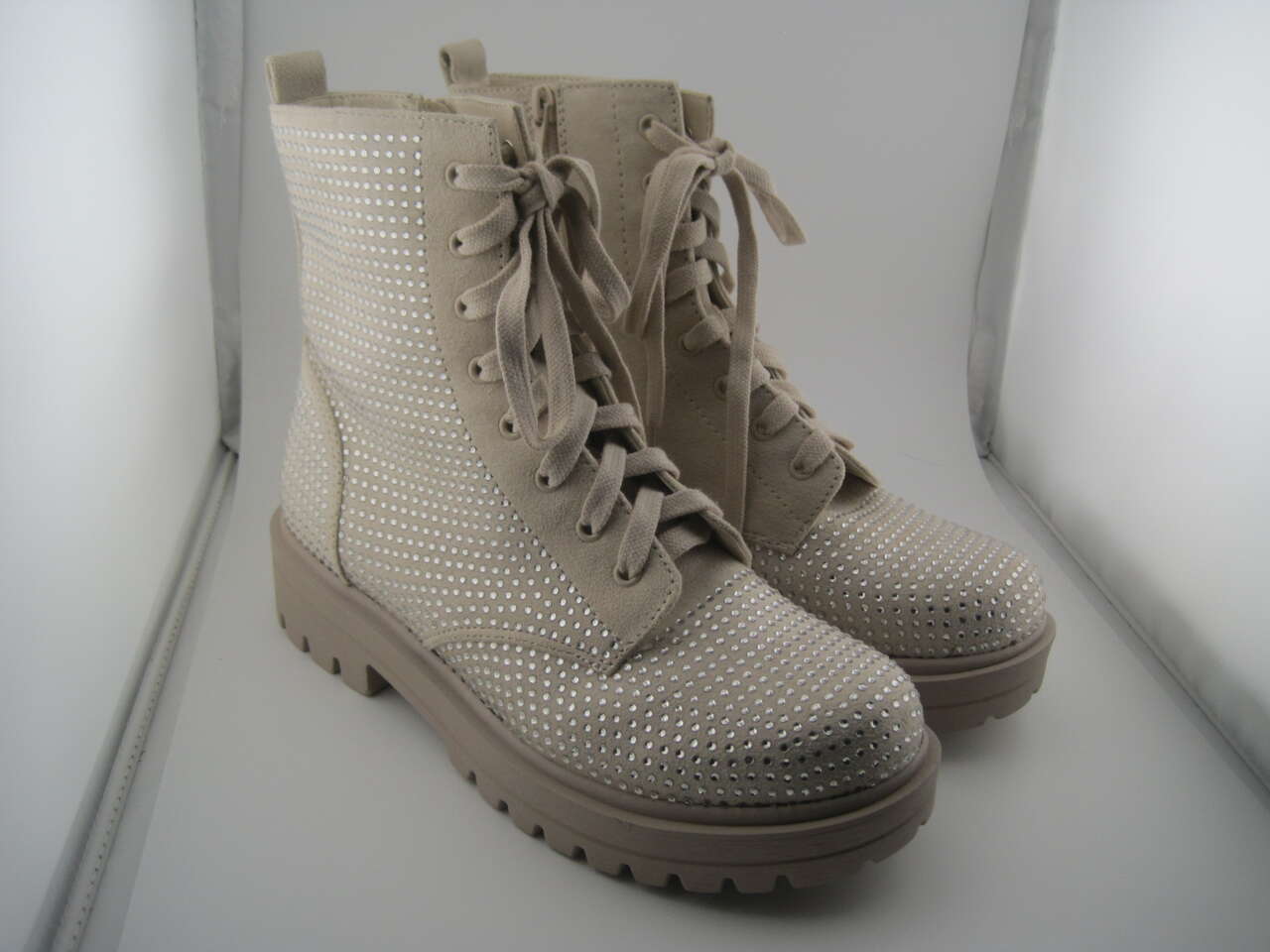 Women Soda Beige Combat Ankle Bootie Lace up with Side Zipper Rhinestone Size 8