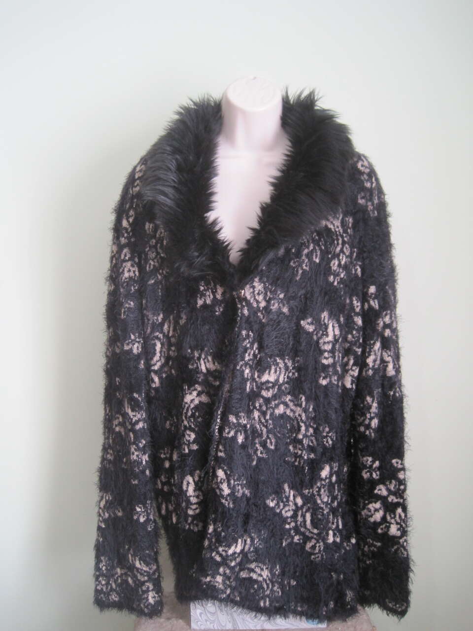 Black Rivet Women's Large Black & Tan Fuzzy Sweater Cardigan with Faux Fur Trim