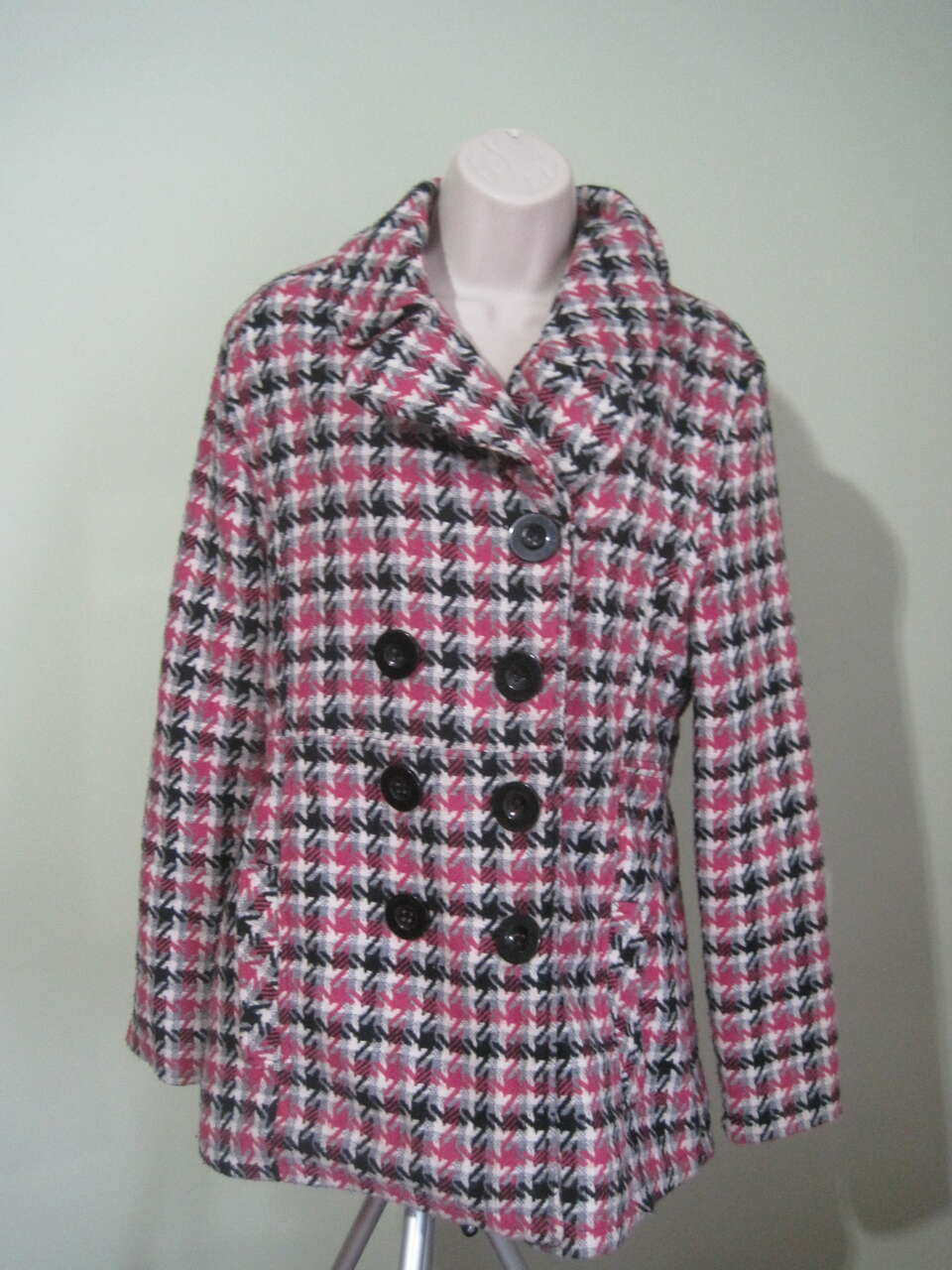 Rue 21 Womens Dress Coat Black Pink Buttons Lined Wool Blend Collar Belted M