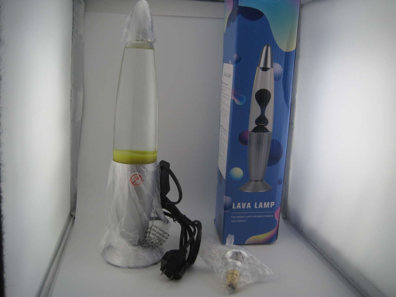 NEW Retro Silver Lava Lamp Light 13.5" Slim Yellow Wax with Light Bulb & Box