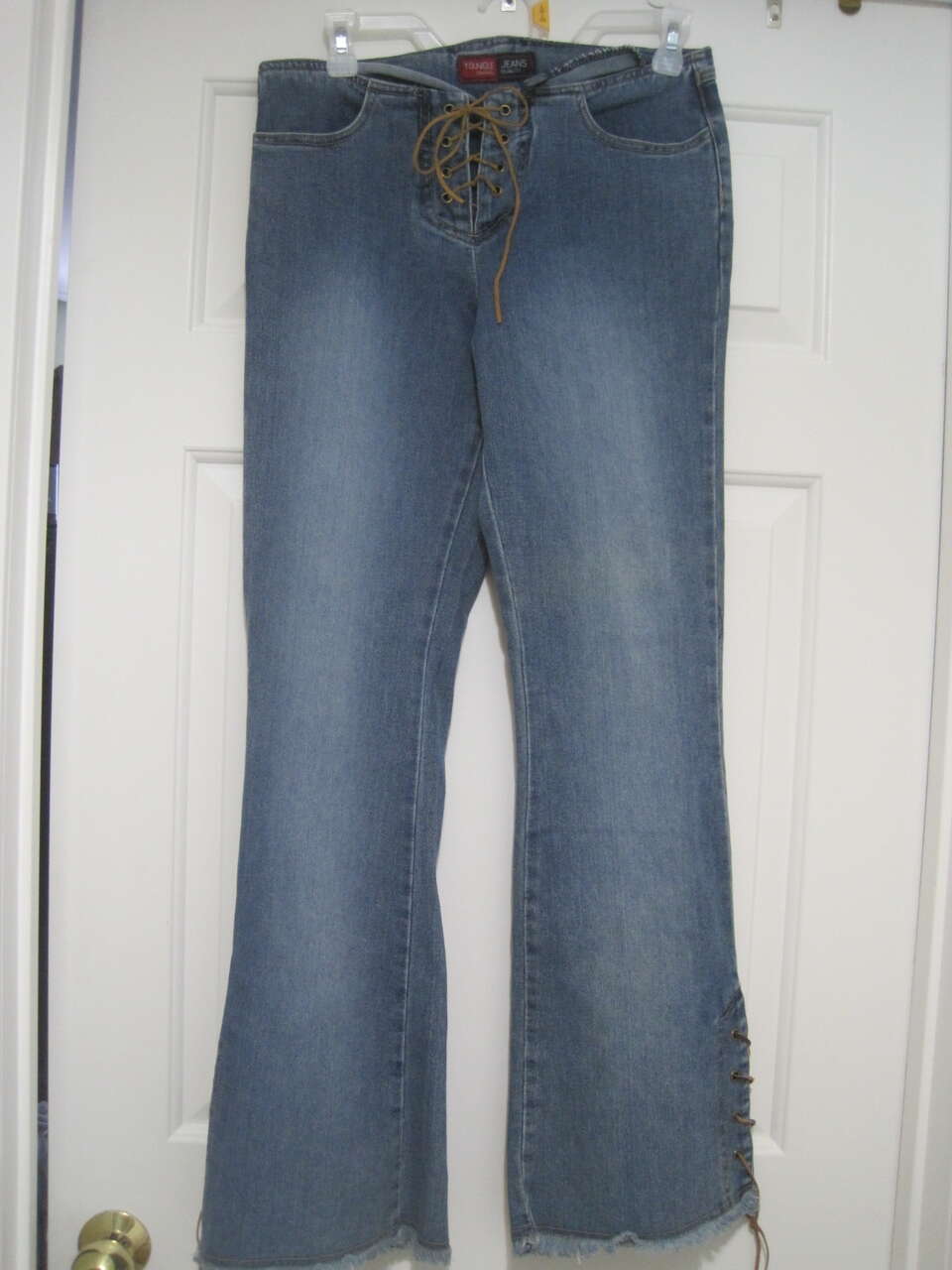 Younique Flared Brown Leather Lace Up Women's Size 7 Blue Jeans Denim Y2K 90s
