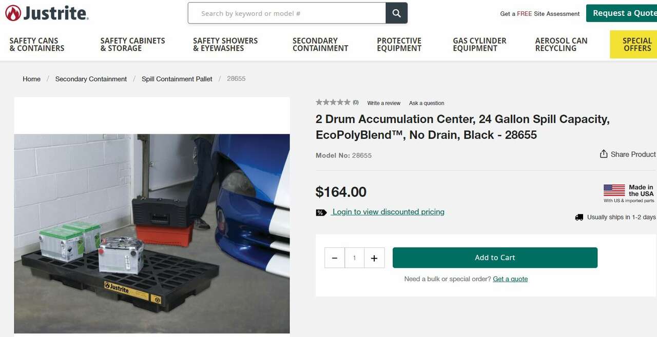New Justrite 2 Drum Spill Containment Skid