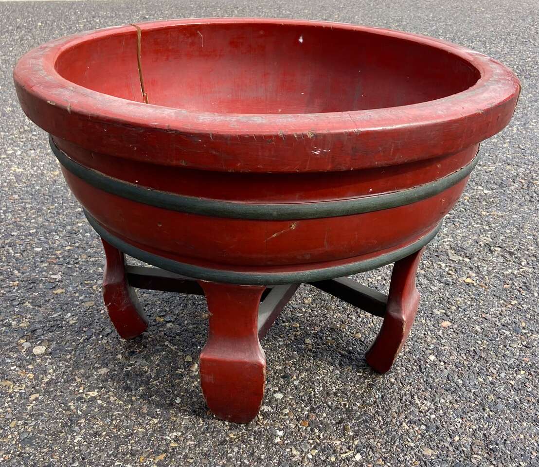 Antique Chinese Footed Red Lacquer Wooden Basin for Water