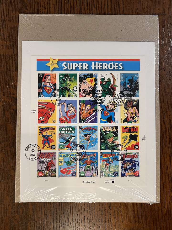 2006 USPS DC Comic Super Heroes Full Pane of 39cent Stamps (First Day Cover Full Pane)