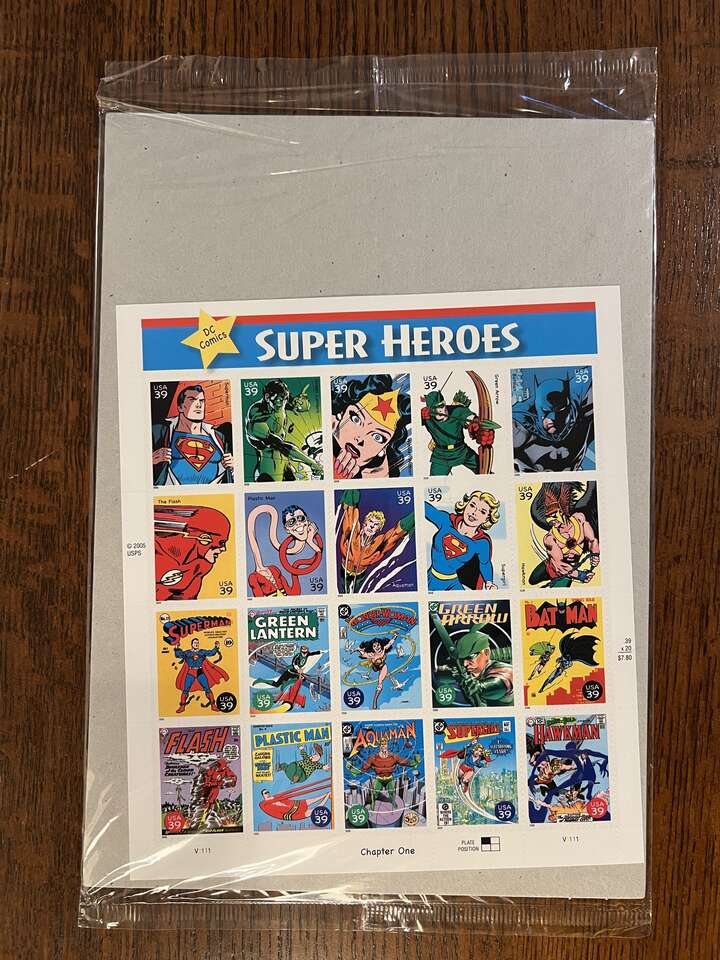 2006 USPS DC Comic Super Heroes Full Pane of 39cent Stamps (Full Pane - Unstamped)