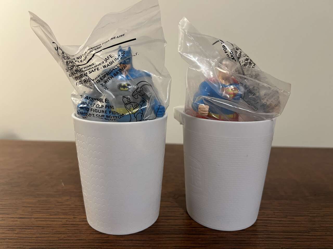 Superman and Batman sealed cup holders – Burger King promotions – 1988