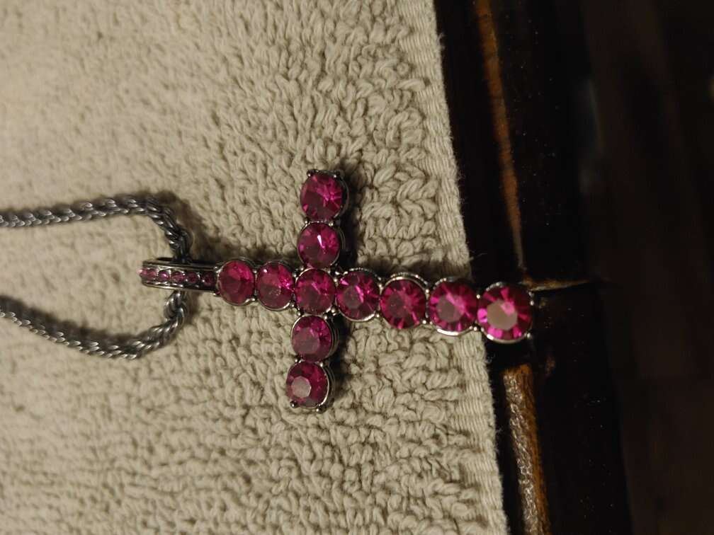 24" black necklace with cross with rubies