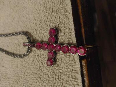 24" black necklace with cross with rubies