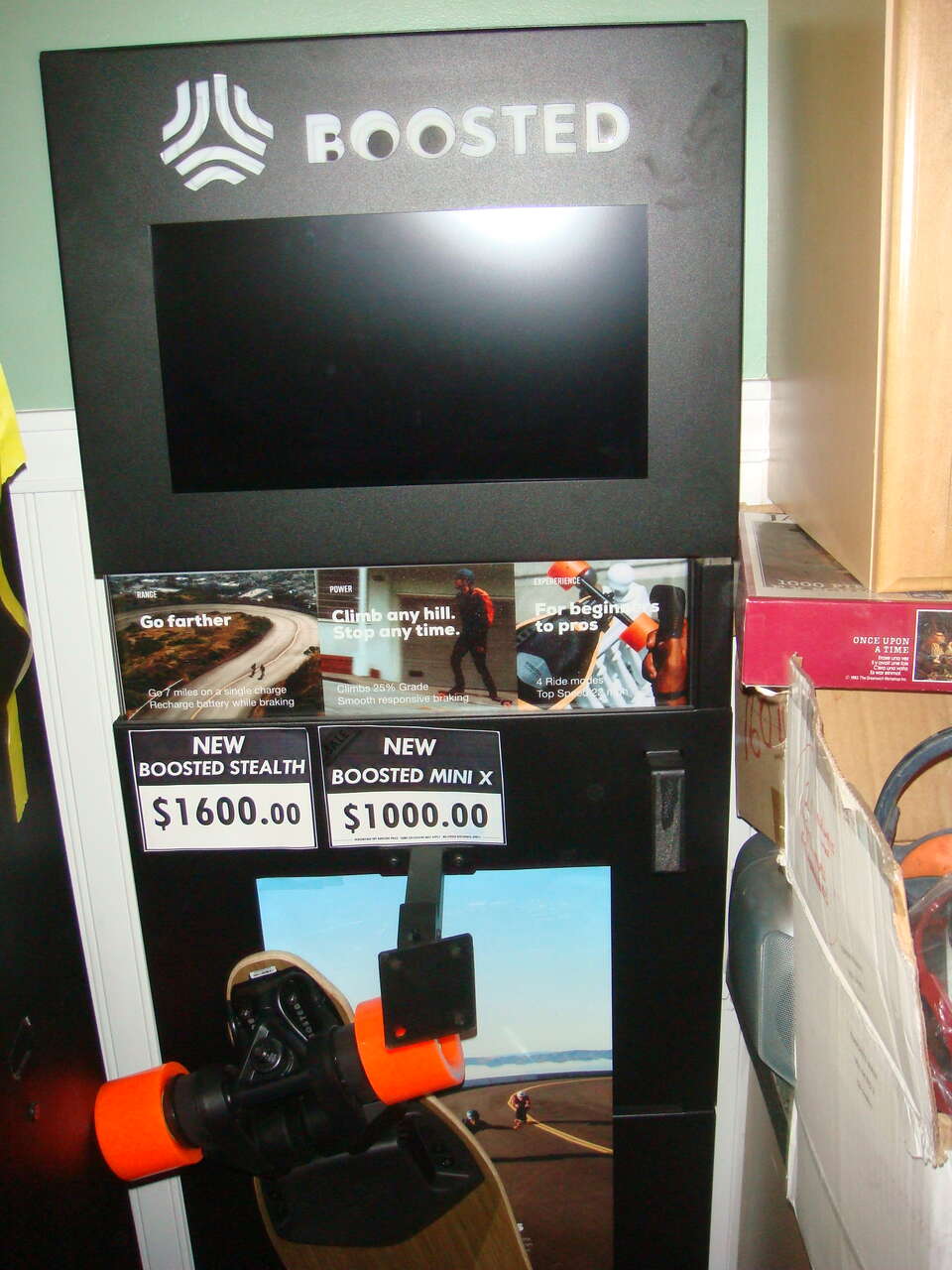 boosted electric skateboard OR dealer display and dvd tv combo