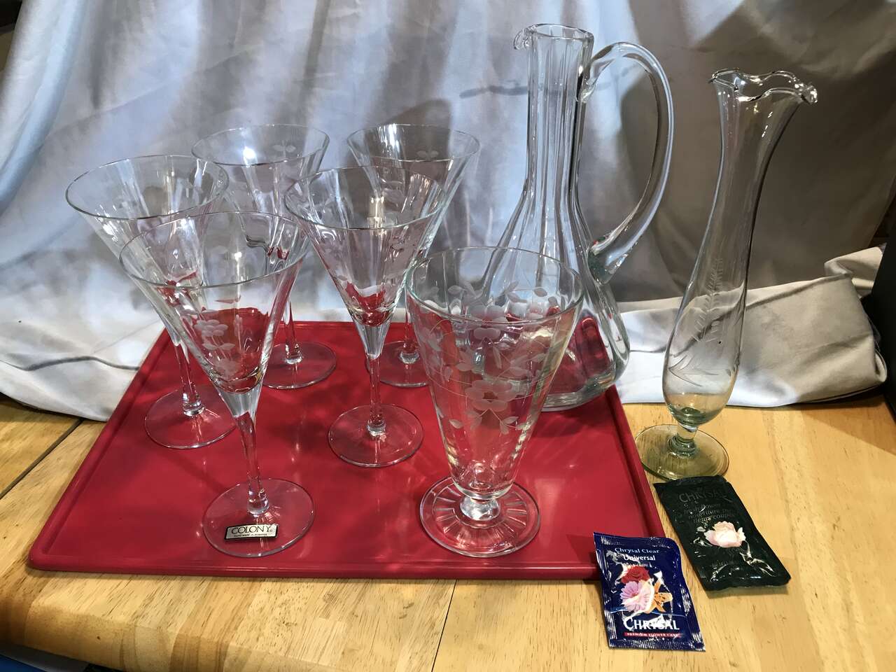 Colony Romania Hand Made Beautiful Flower Etched Wine Glasses (7) vase and Decanter.