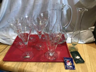 Colony Romania Hand Made Beautiful Flower Etched Wine Glasses (7) vase and Decanter.