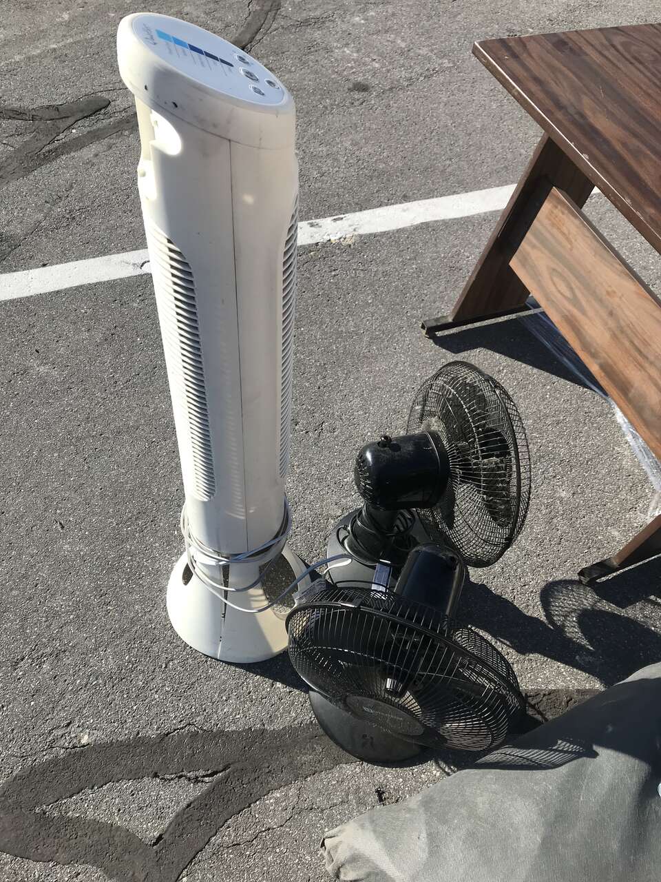 Two small 12 inch fans and one tower fan