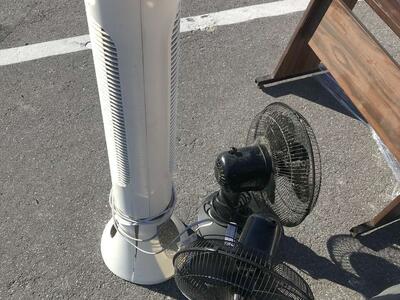 Two small 12 inch fans and one tower fan