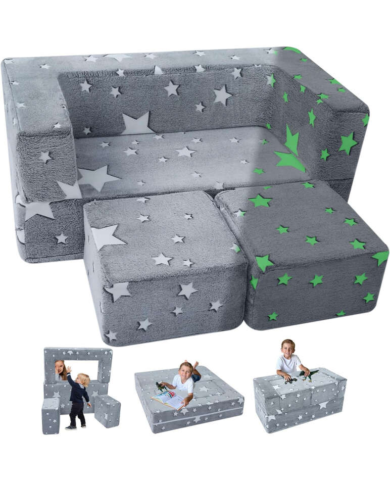 Kids Sofa Couch, Modular Glow in Dark Blocks Multi Position Toddler Fold Out Play Couch for Playroom