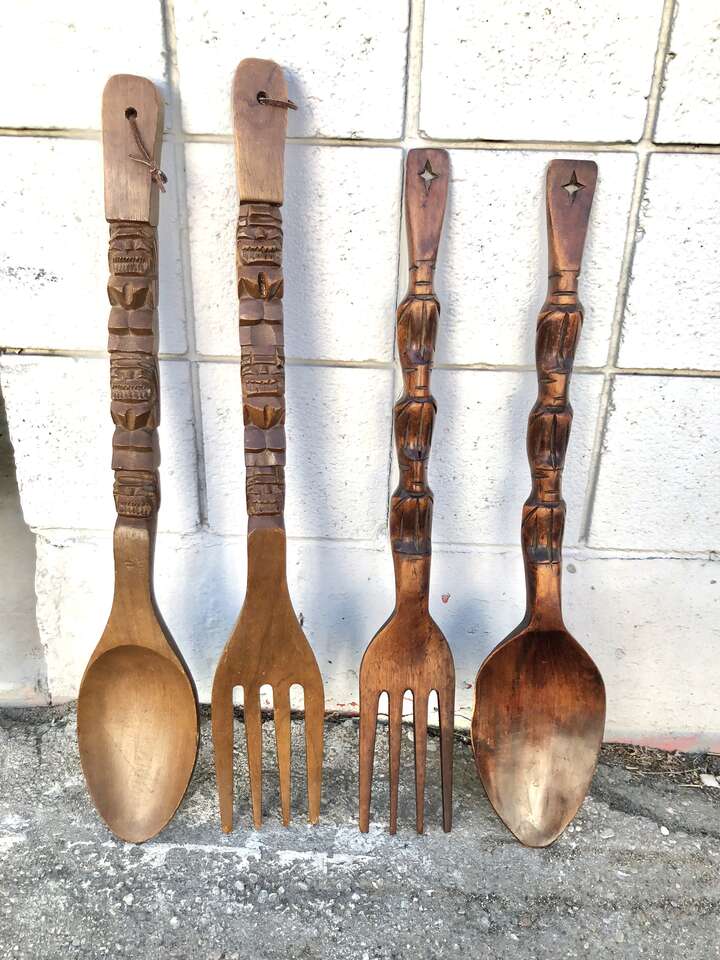 Large (over 2 feet tall) vintage mid century wooden fork and spoons wall decor, hand carved MCM