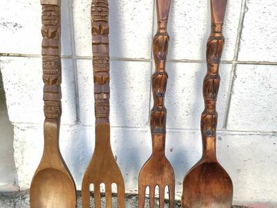 Large (over 2 feet tall) vintage mid century wooden fork and spoons wall decor, hand carved MCM