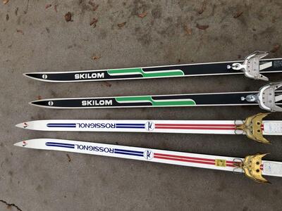 Vintage Nordic cross country skis w / 3pin bindings. Great to ski on and they make awesome decorations