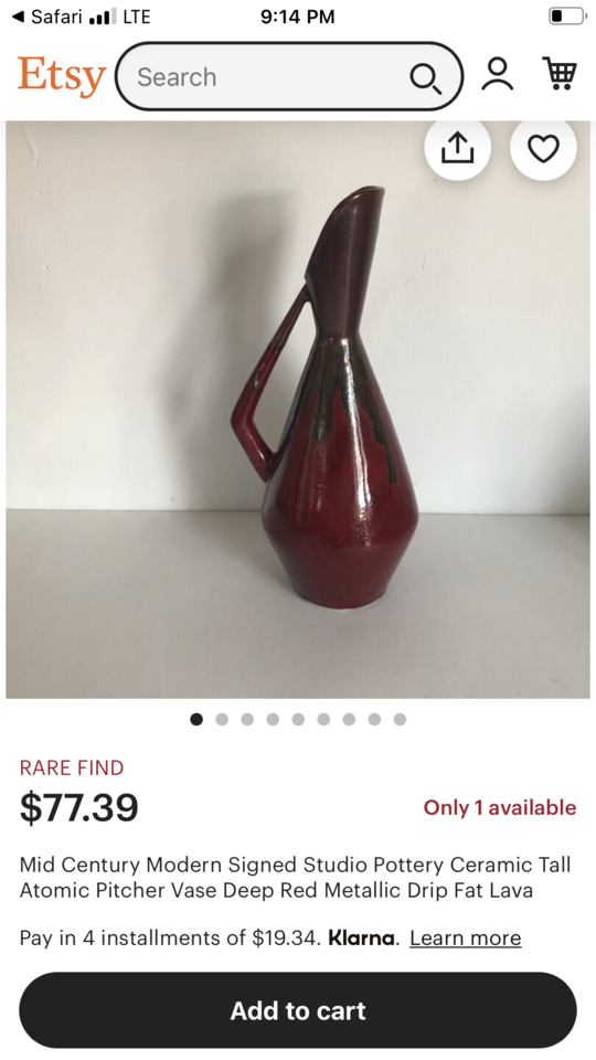 vintage mid century modern ceramic studio pottery vase MCM