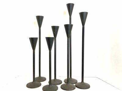 Pottery Barn Mid Century Modern, Iron Brutalist Petaluma Hand Hammered Candle Holders 12 - 18 inch heights MCM
