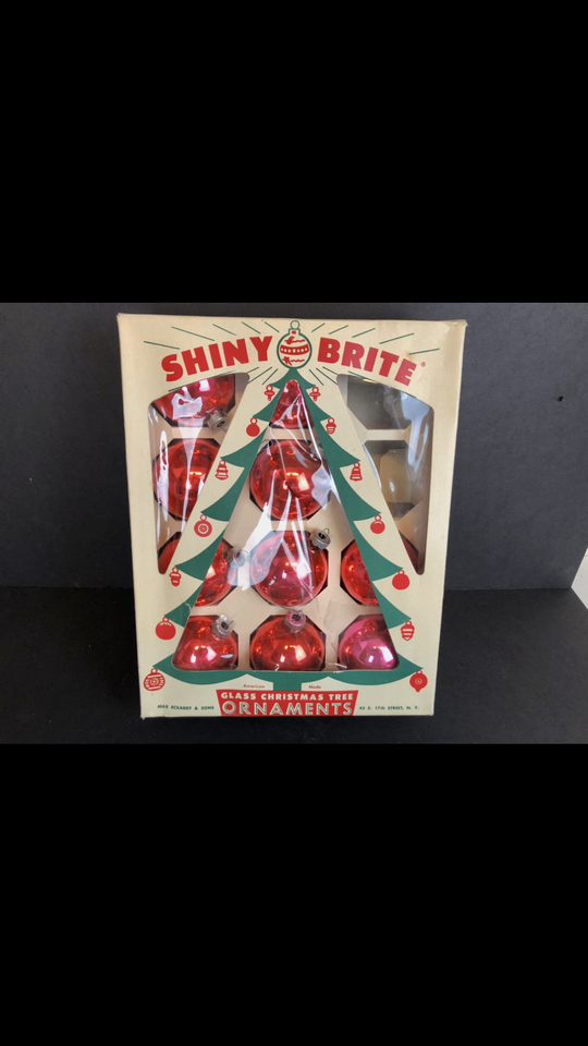 10 Vintage, red, Shiny Bright brand glass Christmas Tree ornaments in box. made in USA   Christmas MCM Xmas