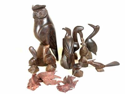 Vintage Mid Century ironwood carvings, handmade, owl, eagle, pelican, fish, and more