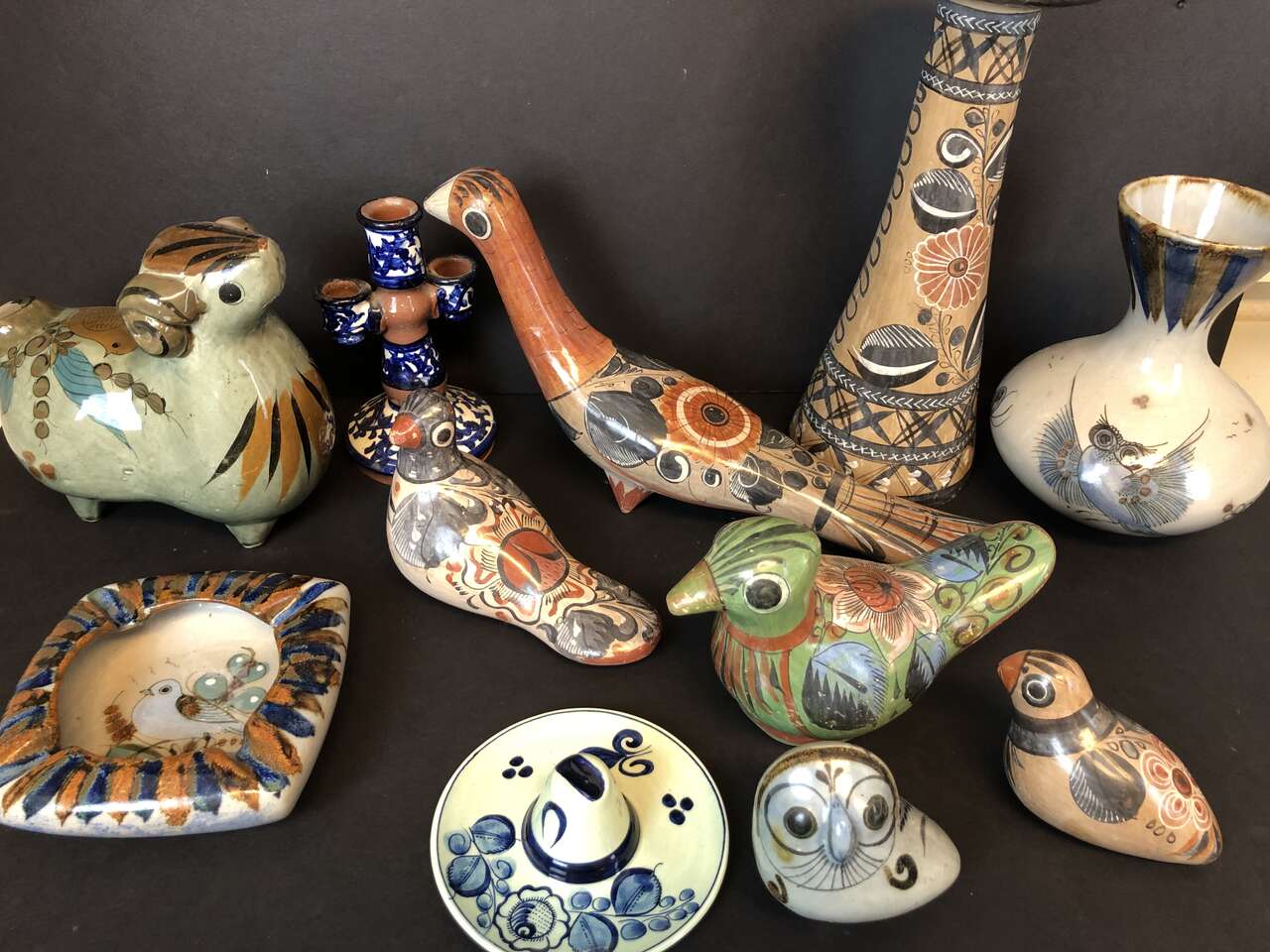 Vintage Mid Century Modern Tonala handmade Mexican folk pottery, vase, candleholders, ashtray, animals MCM tonola