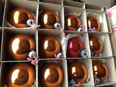 Dozen vintage Shiny Bright brand glass ball Christmas ornaments great orange color made in USA antique