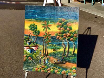 Beautiful original, hand painted, mid century vintage oil on canvas painting tropical, tiki, island traveler beach vibe