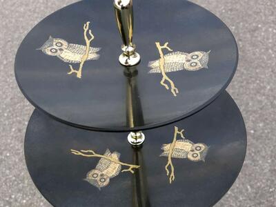 Vintage Mid Century Courouc serving trays, platters. Owl pattern two-tiered platter. MCM