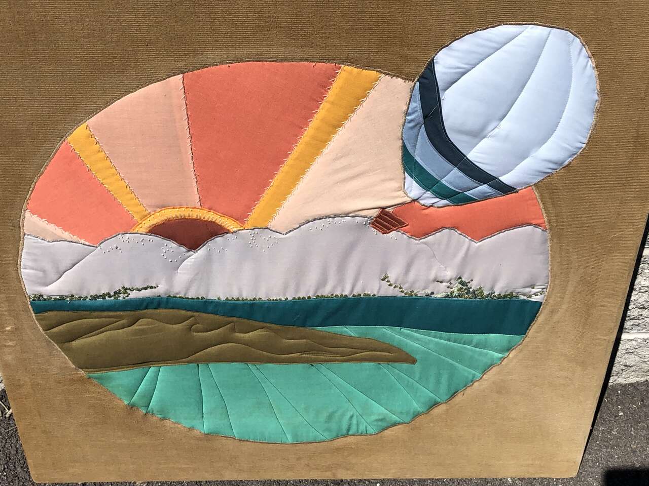 Large Groovy Mid Century tapestry wall hanging Hot air balloons Art Hand stitched