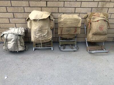 Vintage Backpacks, camping, hiking, cabin decor, antique retro backpacking, Boy Scouts canvas