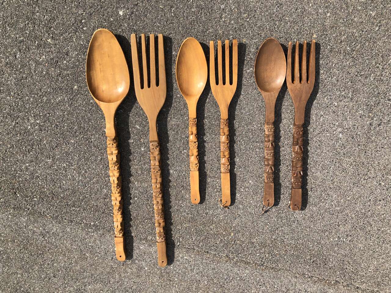 Large (25 inch-36 inch tall) hand carved Vintage mid century Modern hanging wooden fork and spoon MCM tiki kitchen decor