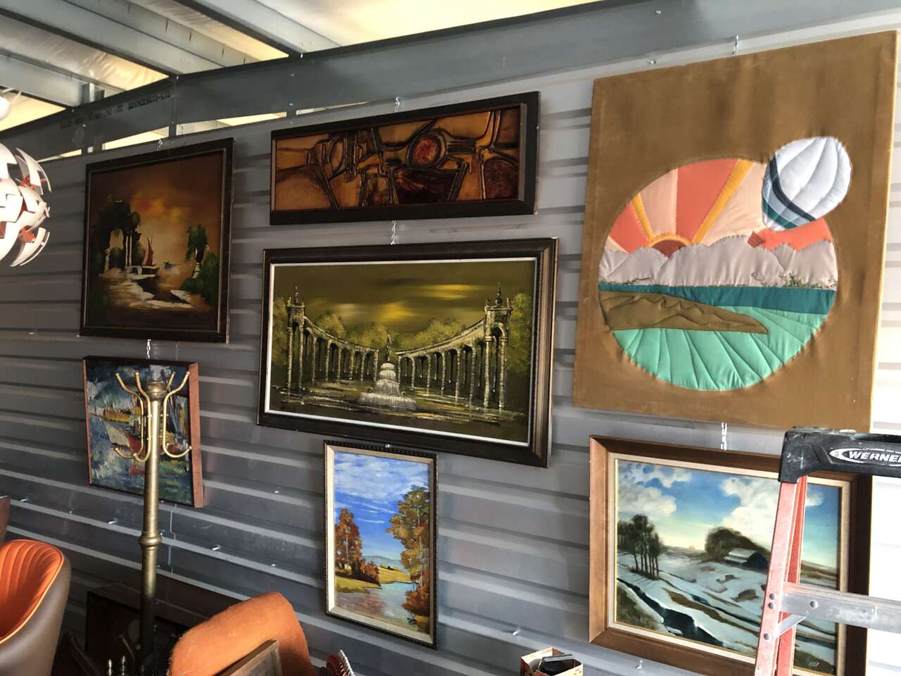 Large Vintage Mid Century Modern art paintings, prints MCM, oil on canvas watercolor, lithographs, gravel painting