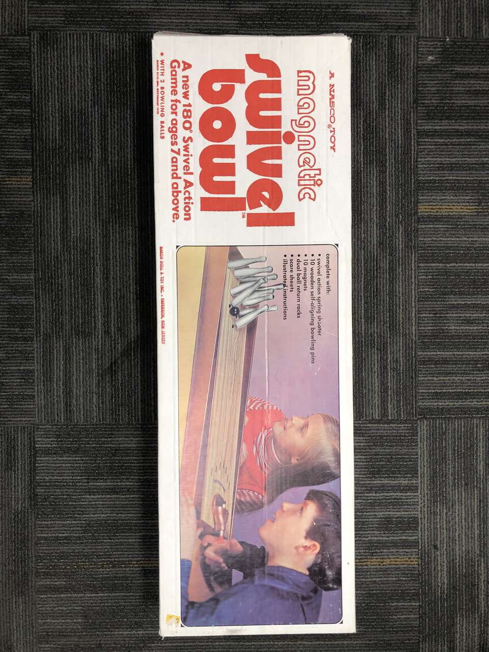 Vintage 1970’s Mid Century Bowling game w/wooden bowling pins in original box Magnetic swivel bowl