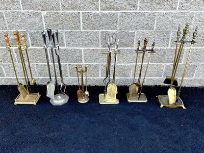 Awesome vintage Mid Century Fireplace toolsets, brass, irons, hearth, tools log holders antique MCM mid century modern