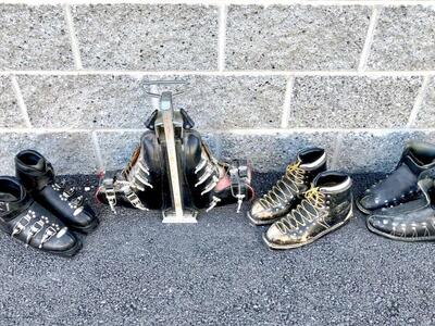 Vintage 1950s, 1960s leather ski boots, great decoration mid century antique winter skiing cabin decor