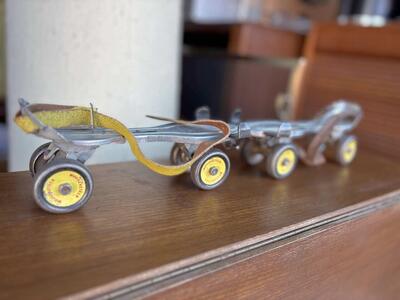 Vintage 1950s Roller Skates Walt Disney Mickey Mouse Mouseketeer Adjustable Metal Roller skates antique metal wheels Hawthorne.