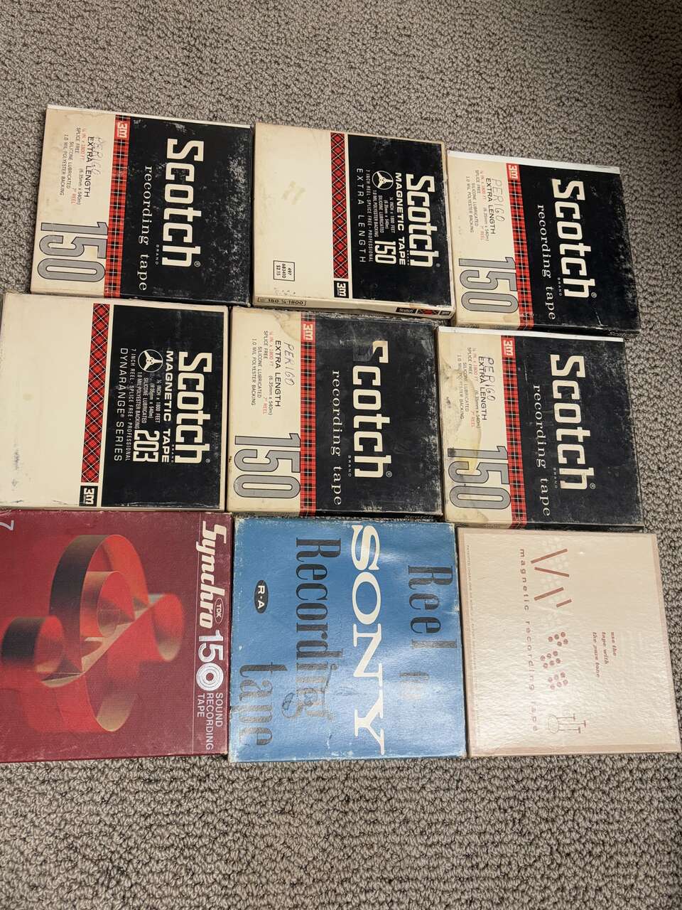 Vintage reel to reel re-recordable audio recording tapes 7” reels  Scotch magnetic tape