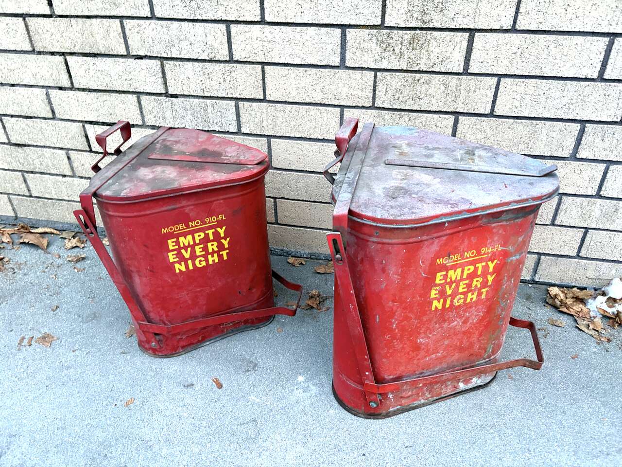 Antique, rag disposal cans by Eagle. “Empty Every Night” print Vintage trash can automotive car repair workshop